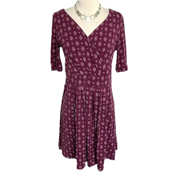 Land's End S(6-8) maroon‎ geometric print surplice dress - Picture 1 of 7